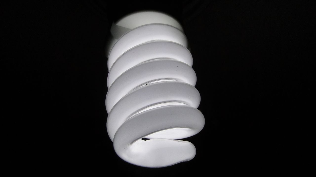 Detailed view of a spiral fluorescent light bulb on a black background.