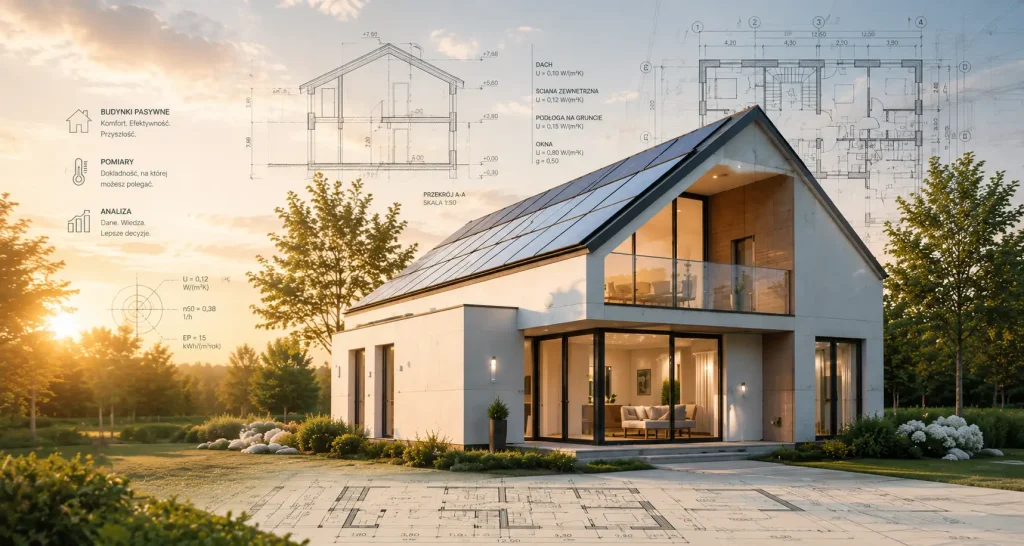 Projekt domu pasywnego z panelami fotowoltaicznymi, rzutami technicznymi oraz analizą energetyczną budynku.